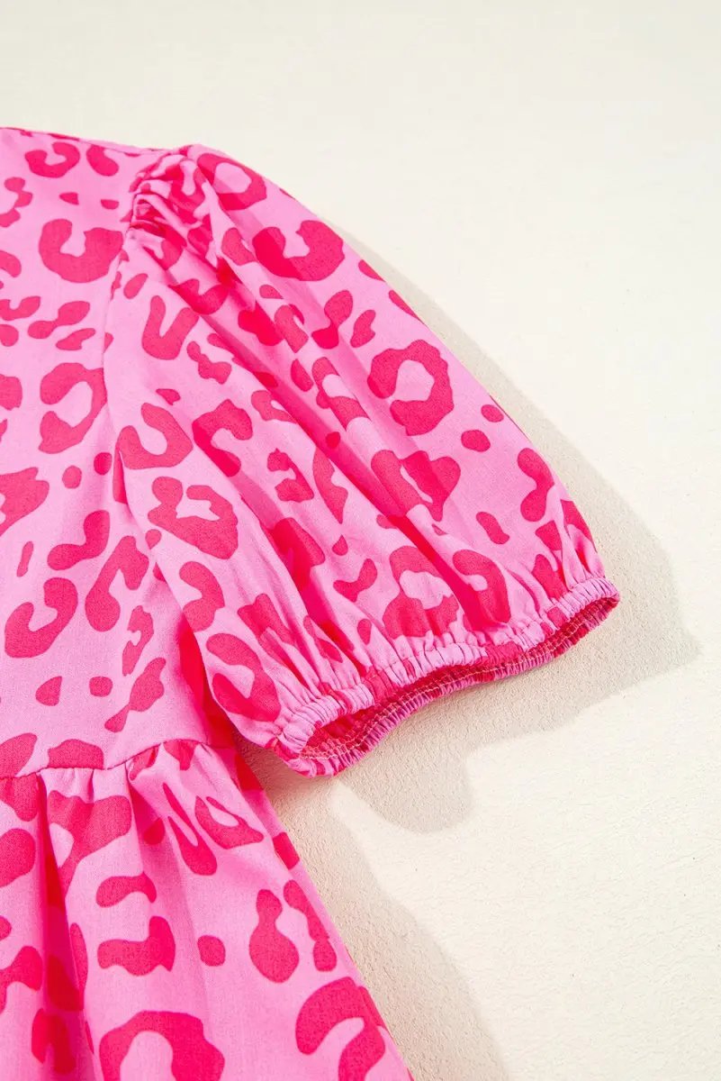 Rose Leopard Puff Sleeve Tie Front High Waist Mini Dress - Love Salve